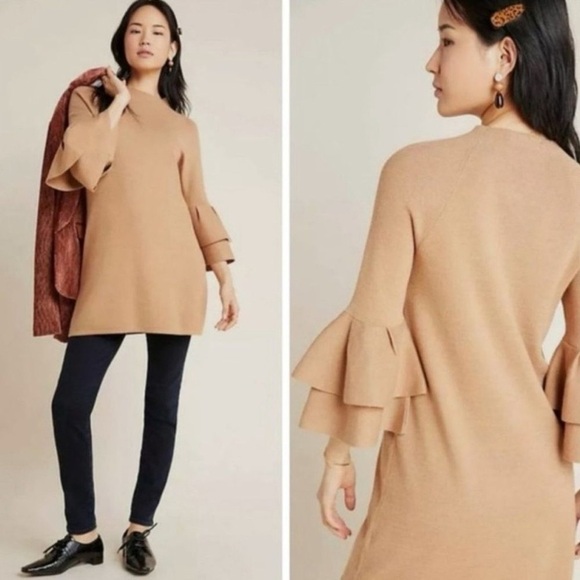 Anthropologie Claudette Ruffled Sleeve Mini
Sweater Dress Camel Brown sz M - Picture 2 of 15